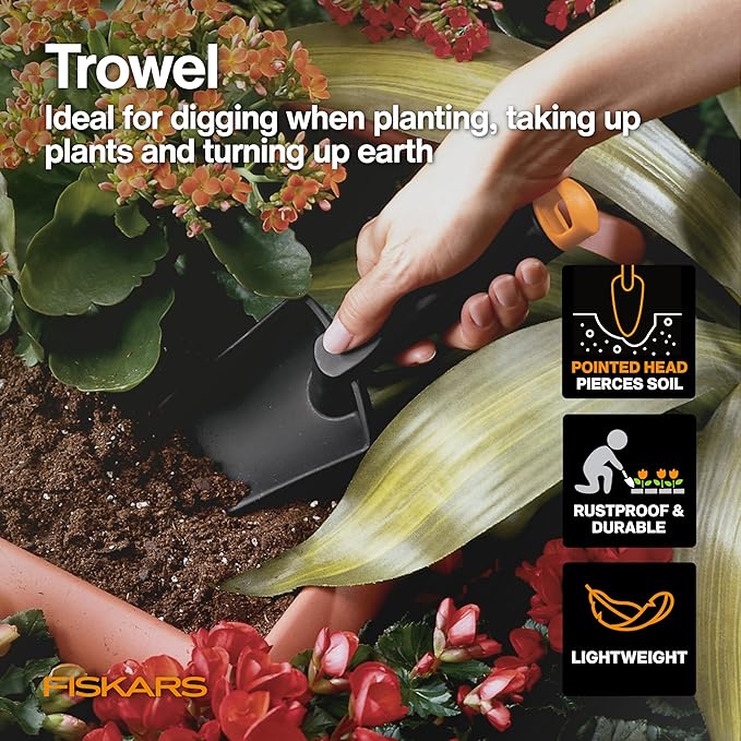 Fiskars Potting 4-Piece Essentials Set, Bypass Pruner, Trowel, Cultivator & L/XL Gloves for Indoor Gardening, Precision-Ground Steel Blades with Self-Cleaning Sap Groove, Rust-Proof FiberComp