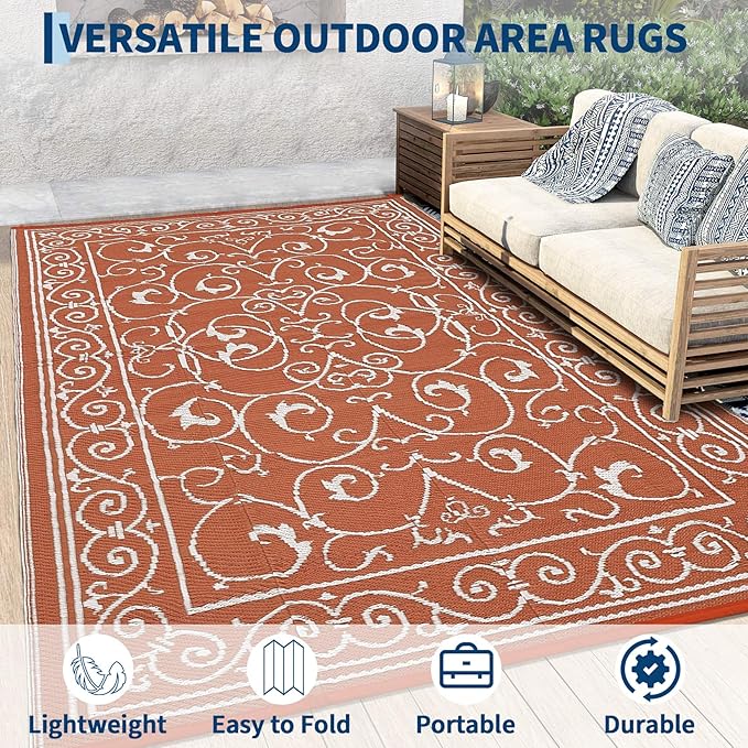 MilleLoomi 9x12 Outdoor Rug Waterproof Foldable Plastic Straw Carpet for Patio Porch Vintage Reversible Mat Lightweight Floor Mat for Picnic, Backyard, Rv, Beach, Deck, Camper, Balcony，Orange