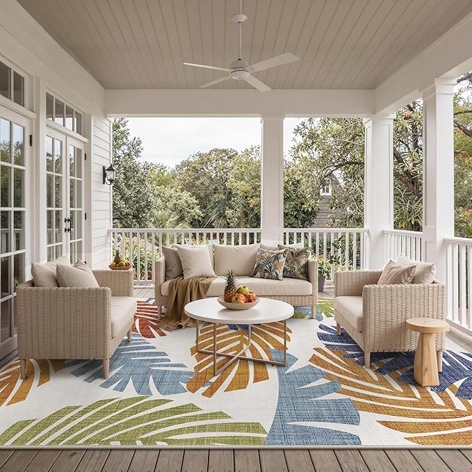 GENIMO Outdoor & Indoor Area Rug 10'x14', Waterproof, Non-Shedding, Easy Cleaning, Leaf Mat for Patio, Living Room, Balcony, Dining Room, RV, Deck, Bedroom, Camping, Outside Carpet, Tropical Rust
