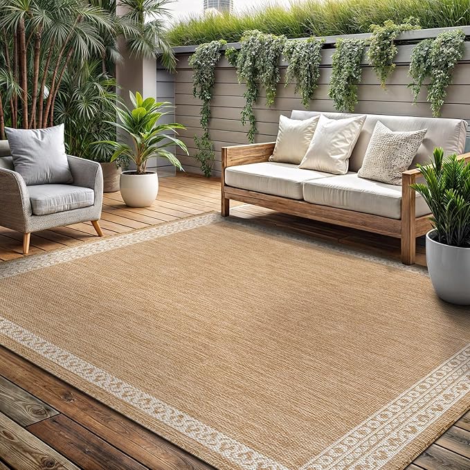 Washable Outdoor Rug 10x14 Modern Area Rugs Outdoor Carpets Bordered Pattern Non Shedding Waterproof Easy Clean Patio Deck Porch Living Room Bedroom Garden RV (10 X 14 Natural)