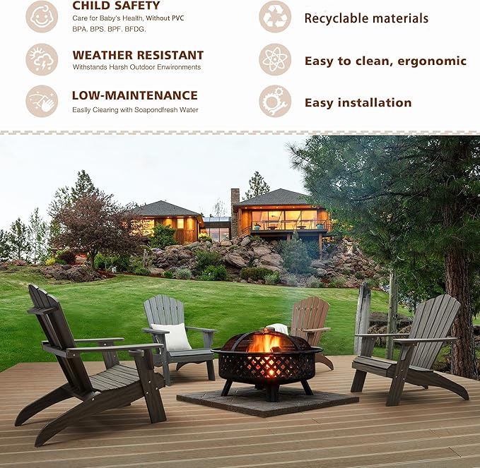 Psilvam Oversized Adirondack Chair, Fade-Resistant & Odor-Free Poly Lumber Fire Pit Chairs with Cup Holder, Weatherproof Lawn Chair, Easy 15 Min Install Patio Chair, 350 Lbs Support (2, Light Gray)