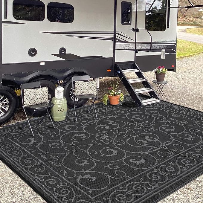 MilleLoomi Outdoor Rug 8x10 Waterproof Patio Rugs Vintage Reversible Mat for Front Door Rv Foldable Plastic Straw Carpet for Travel Trailers, Deck, Picnic, Porch, Camper, Balcony, Beach，Black Grey
