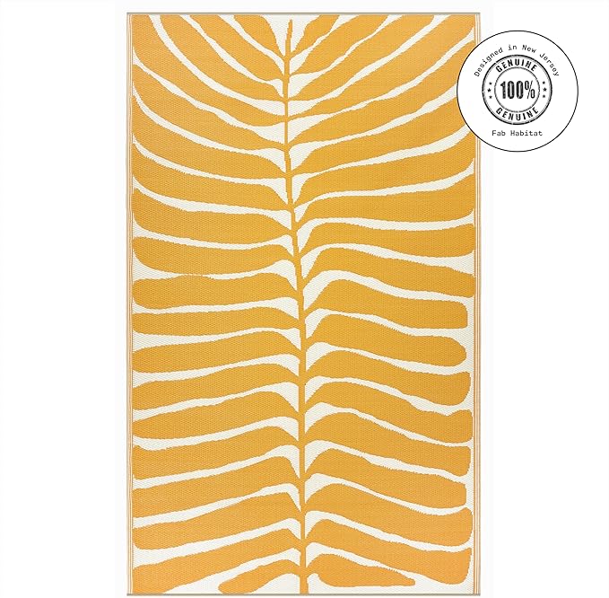 Fab Habitat Tropical Botanical Floral Outdoor Rug - Waterproof, Crease-Free Fade Resistant, Reversible - Recycled Plastic - Patio Porch Balcony Deck Yard Garden - Hilo Honey - 5x8 ft