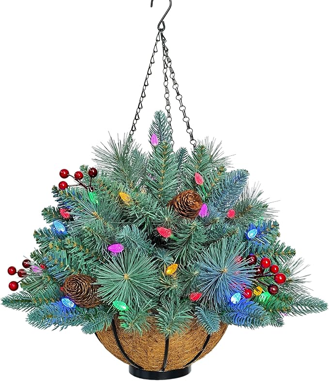 18 Inches Pre-lit Blue Spruce Artificial Christmas Hanging Basket with Red Berries, Pine Cones,40 C3 Dual-Color Multi-Functional Battery Operated LED Lights with Timer