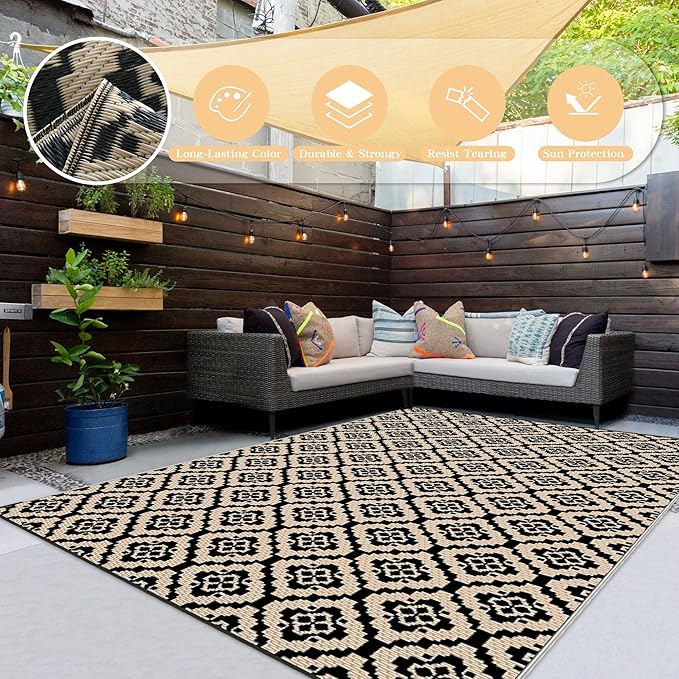 Wallona Outdoor Rugs 8x10 ft Patio Waterproof Clearance Indoor Outdoor Large Carpet for Patio Plastic Straw Reversible Area Rugs Mat for RV, Camping, Balcony, Beach, Picnic, Porch, Brick Black & Beige
