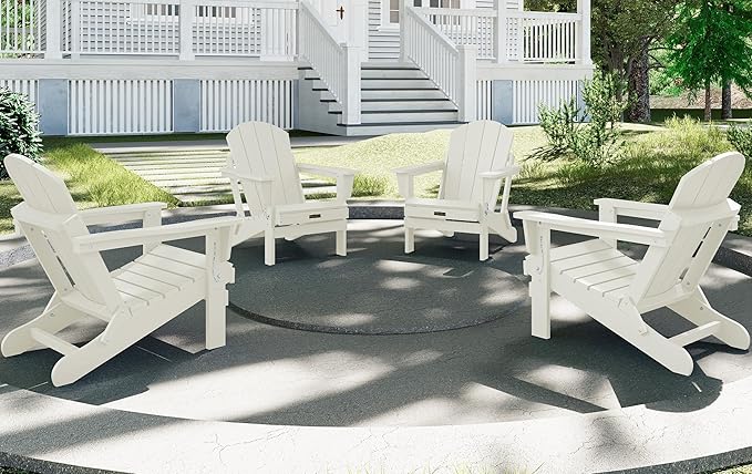 SERWALL Folding Adirondack Chair Set of 2, All Weather Patio Chair with Wood Texture, Fire Pit Chairs for Outdoor - White
