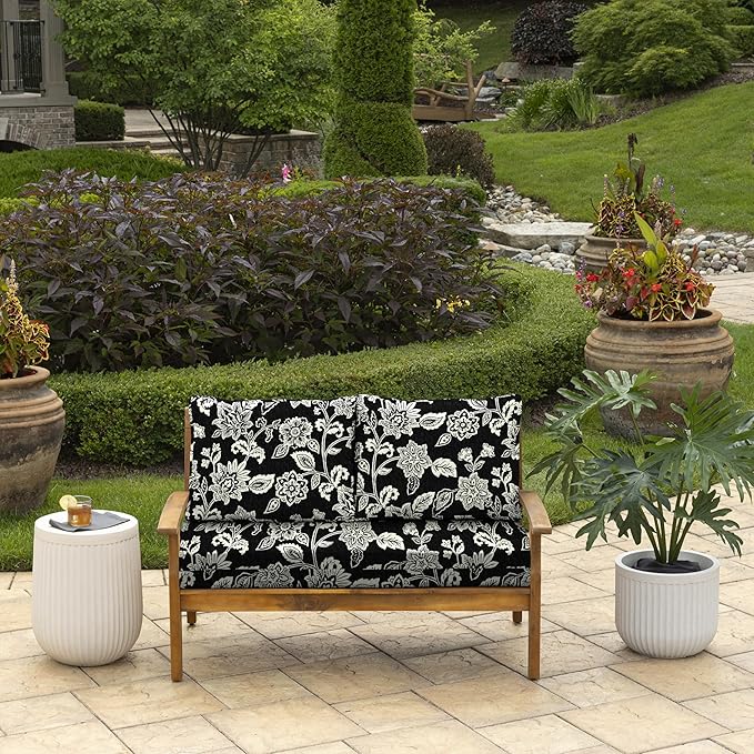 Arden Outdoor Loveseat Cushion Set, 48 x 24, Rain-Proof, Fade Resistant, Cushion Set for Couch, Bench, and Swing Ashland Black Jacobean