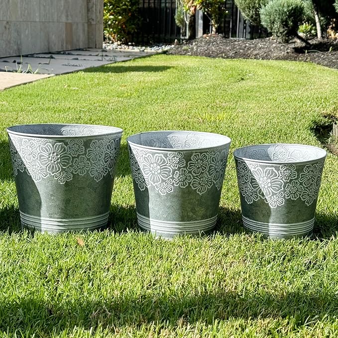 allgala Galvanized Planter Pot Indoor and Outdoor Decoration-Round Grey-3-PC-HD88314