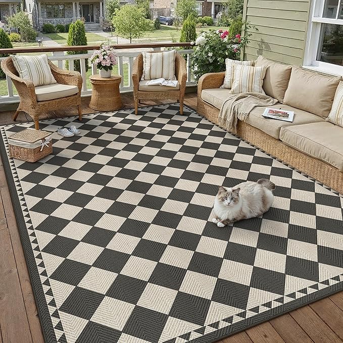 HUGEAR 6x9 Outdoor Rug Black/Beige Linen-Look Fabric Checkered Area Rug High Traffic Stain Resistant Easy Clean Durable Rugs for Indoor/Outdoor Patio Deck Balcony Porch Garden Courtyard