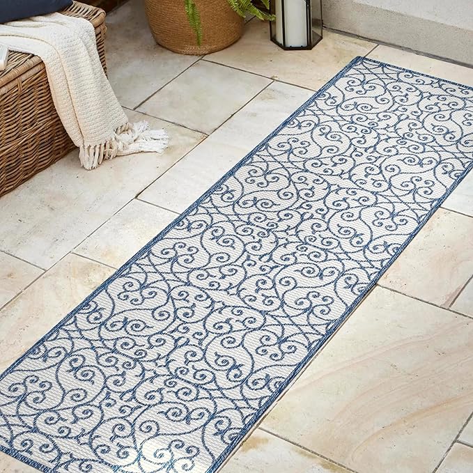JONATHAN Y Vintage Filigree Indoor Outdoor Runner Rug 2X8 Blue/Cream, Madrid Textured Weave for Backyard, Patio, Porch, Easy-Cleaning, High Traffic, Pet-Friendly, Non-Shedding (SMB107F-28)