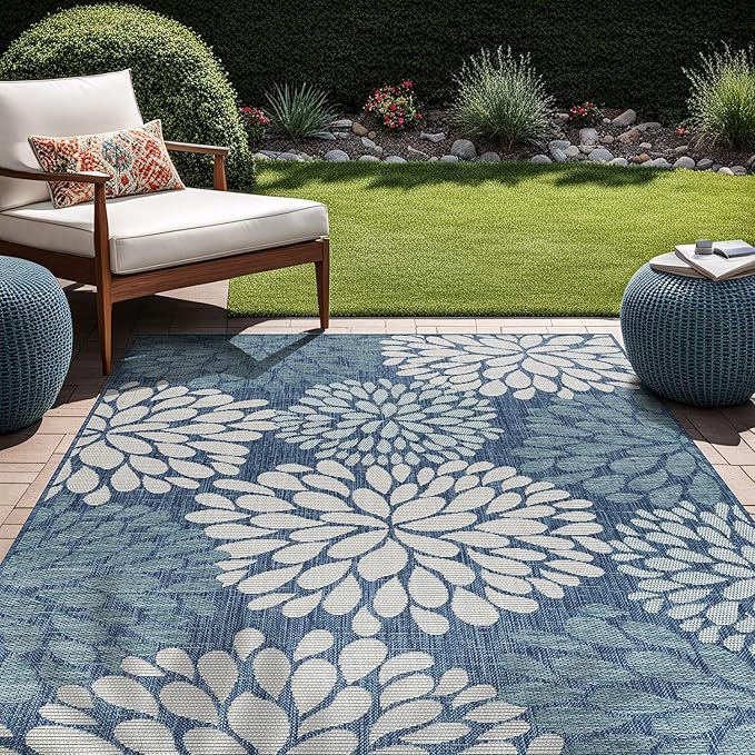 Beverly Rug Outdoor Rug 6x9 Modern Exotic Tropical Leaf Area Rugs for Indoor and Outdoor Patio Deck Porch Garden Water Resistant Washable Outside Carpet (6 x 9 Blue)