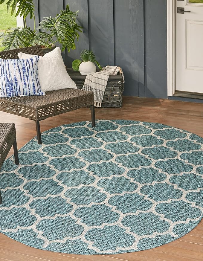 Unique Loom Outdoor Trellis Collection Area Rug (7' 10" x 10' Oval, Teal/ Gray)