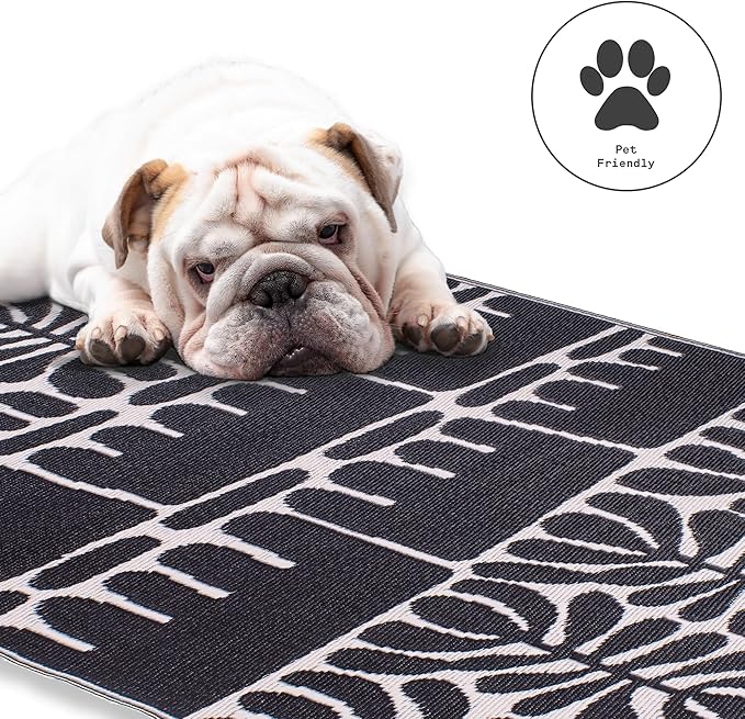Fab Habitat Tribal Matisse Outdoor Rug - Waterproof, Fade Resistant, Crease-Free, Reversible - Premium Recycled Plastic - Patio Porch Balcony Deck - Serowe Blackwhite - 8x10 ft