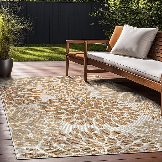 Beverly Rug Outdoor Rug 8x10 Modern Exotic Tropical Leaf Area Rugs for Indoor and Outdoor Patio Deck Porch Garden Water Resistant Washable Outside Carpet (8 x 10 Beige)