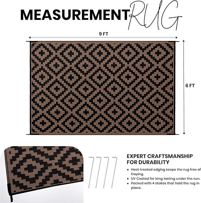 Utopia Home Waterproof Outdoor Rug for Patio 6 x 9 ft, Reversible Plastic Straw Mat for Camping, Picnics, Balcony, Patio, Diamond - Black & Brown