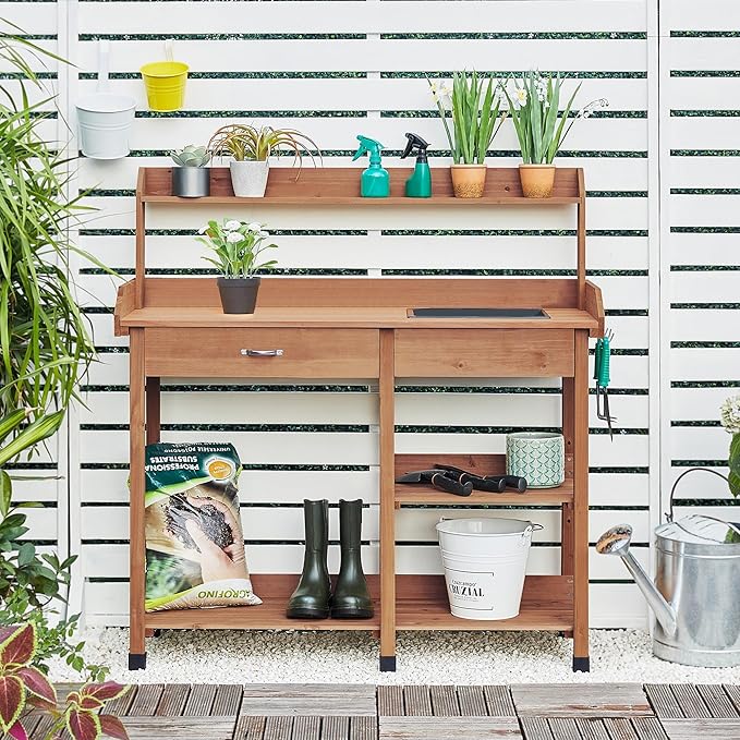 Topeakmart 45.2x17.7x47.6'' (LxWxH) Potting Benches Outdoor Garden Potting Table Work Bench with Removable Sink Drawer Rack Shelves Work Station, Brown