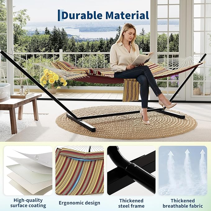Portable 2 Person Double Hammock with Sturdy Heavy-Duty Steel Stand – 450LBS Max Load, Quick & Effortless Assembly, Perfect for Indoor Living, Yard, Patio & Camping Trips