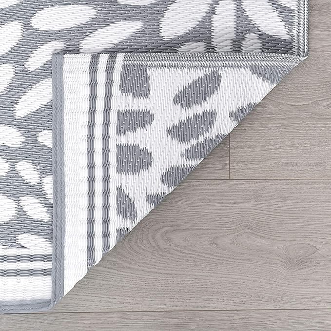 Nuala Gray Waterproof and Washable Reversible Plastic Straw Large Indoor Outdoor Rug 8x10 - Outdoor Area Rugs for Patio Porch RV Camp Deck - Grey Outside Mat for Camping