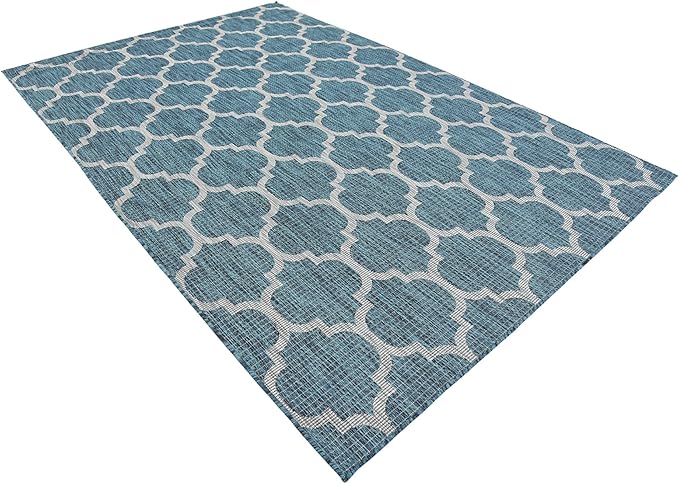 Unique Loom Outdoor Trellis Collection Area Rug (6' 1" x 9' Rectangle, Teal/ Gray)