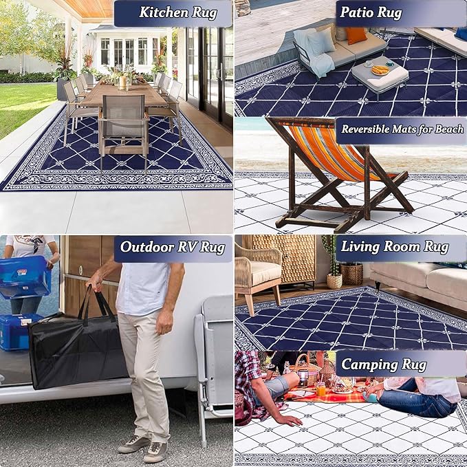 HiiARug Outdoor Rug 8'x10' for Patios Waterproof Patio Rugs Outdoor Mats for Front Porch,Beach Mat,Reversible Plastic Straw Camping Rugs for Outside RV,Deck,Balcony,Backyard Navy Blue