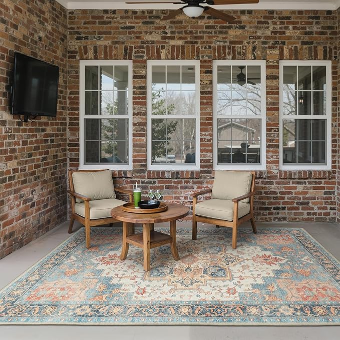 GENIMO Outdoor & Indoor Area Rug 5'x8', Waterproof, Non-Shedding, Easy Cleaning, Boho Mat for Patio, Living Room, Balcony, Dining Room, RV, Deck, Bedroom, Camping, Outside Carpet,Blue Salmon