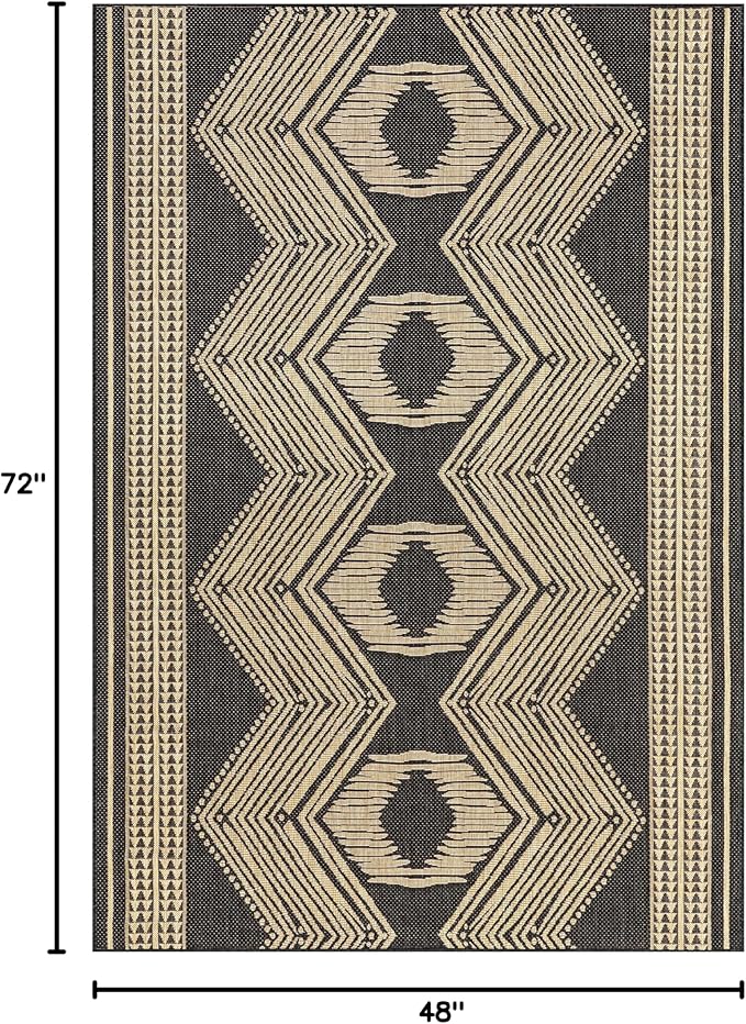 nuLOOM 4' x 6' Outdoor Tribal Geometric Area Rug, Stain Resistant, Weather Resistant, High Traffic, Patio, Balcony, Outside, Ranya Dark Grey
