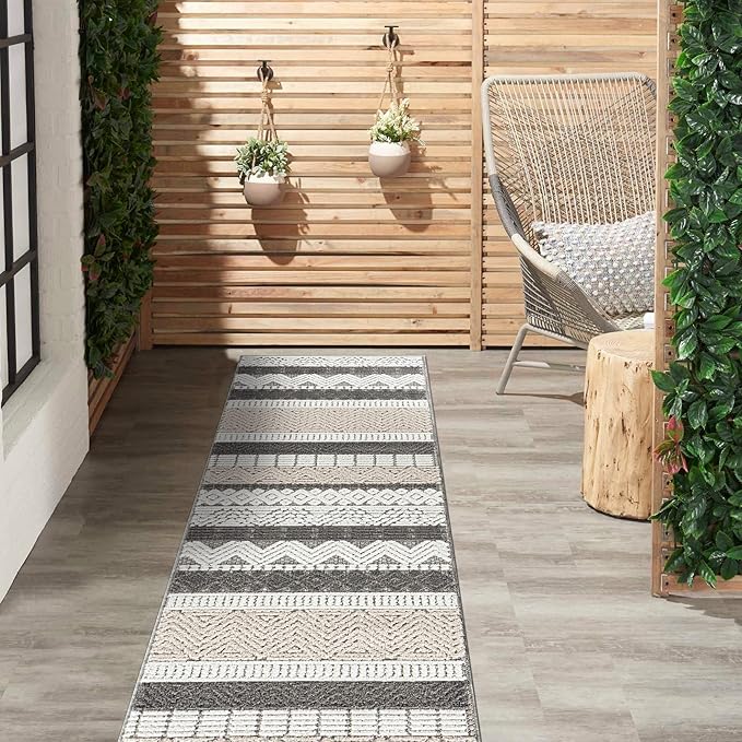 Rugshop Marbella Contemporary Boho Non-Shedding Patio Deck Backyard Indoor/Outdoor Runner Rug 2' x 7' Gray