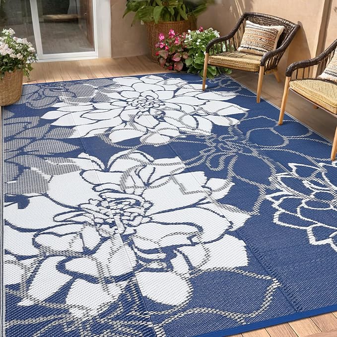 Waterproof Plastic Straw Rug 8x10 Reversible Outdoor Rug, Weather Resistant Outside Carpet, Portable RV Camping Mat with Carry Bag & Stakes for Patio Porch Garden Yard, Dark Blue