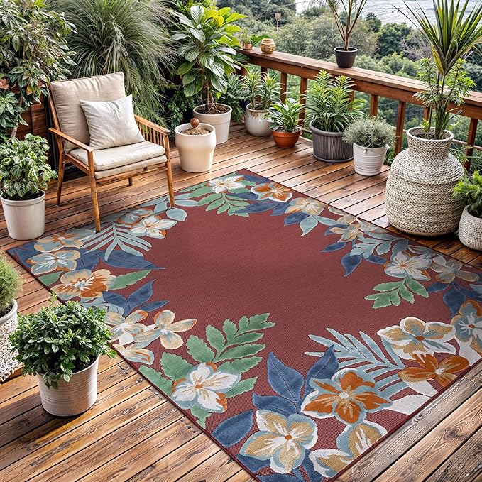 Outdoor Rug 5x7 Washable Area Rugs Indoor Outdoor Carpets Red Border Floral Non Shedding Waterproof Easy Clean Patio Deck Porch Living Room Bedroom Garden RV (5 X 7 Red)