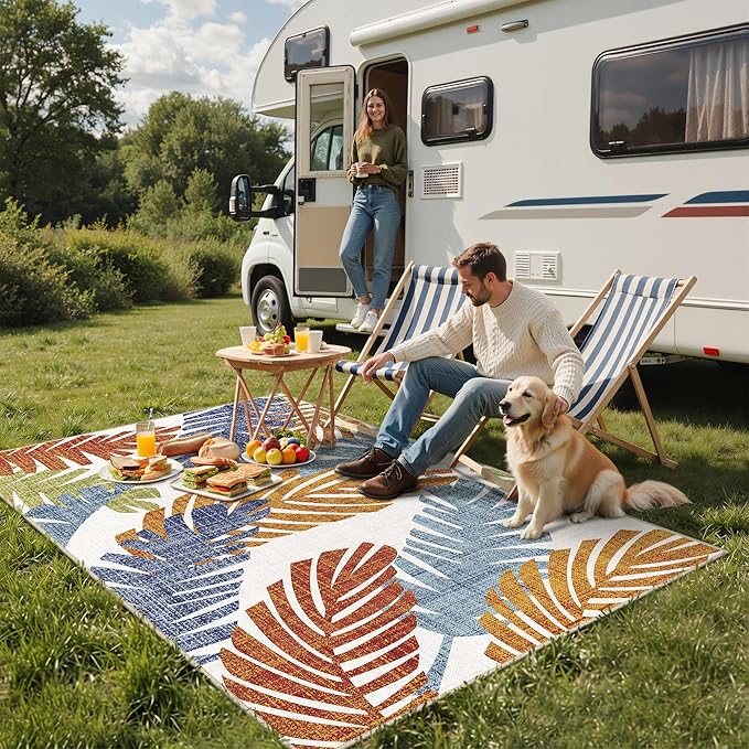 GENIMO Outdoor & Indoor Area Rug 4'x6', Waterproof, Non-Shedding, Easy Cleaning, Leaf Mat for Patio, Living Room, Balcony, Dining Room, RV, Deck, Bedroom, Camping, Outside Carpet, Tropical Rust