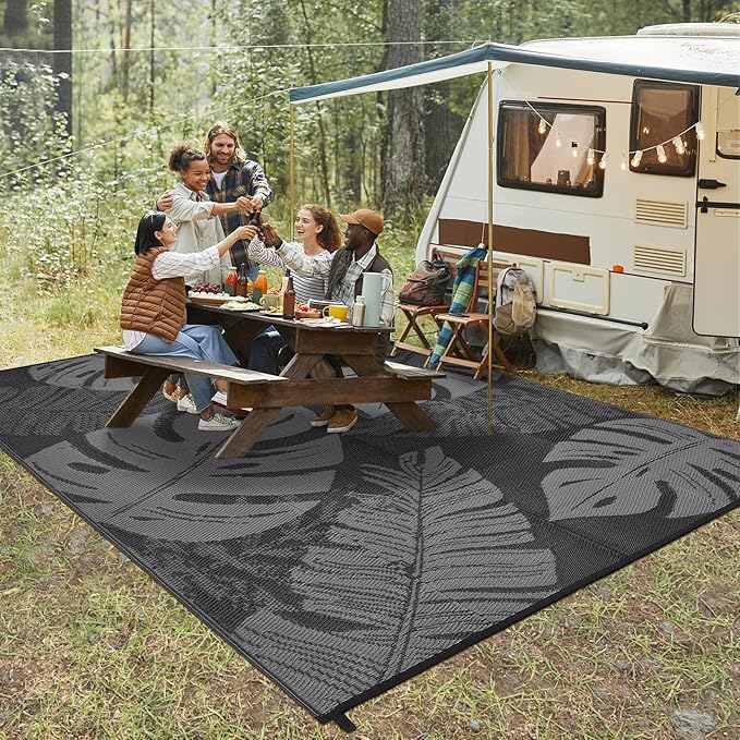 9x12 Outdoor Rug Waterproof Foldable Plastic Straw Carpet for Patio Porch Modern Leaf Print Reversible Mat Lightweight Floor Mat for Picnic, Rv, Beach, Deck, Camper, Balcony，Black/Grey