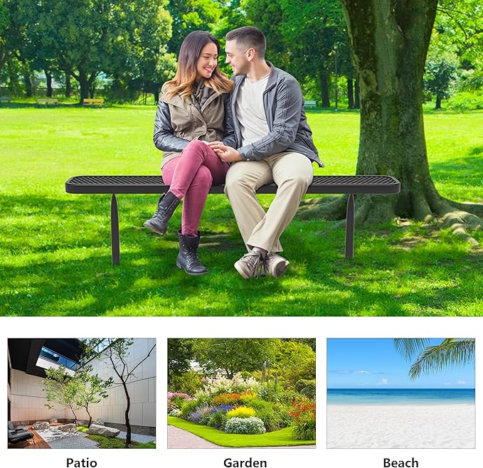 6 FT Heavy Duty Metal Park Bench for Outside, Outdoor Backless Bench with Thermoplastic Coating, Commercial Benches for Shopping Mall, Store, Park, Deck, Inground Mounted, Black