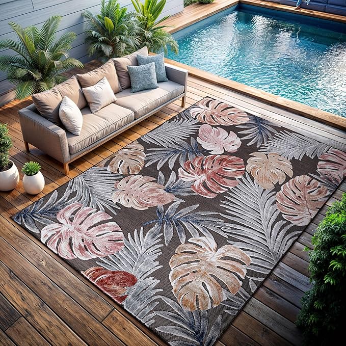 CAMILSON Indoor Outdoor Rug, Brown 10’x14’ Leaf Tropical Botanical Area Rugs for Indoor and Outdoor patios, Easy-Cleaning Non-Shedding Living Room, Garden and Kitchen Washable Outside Carpet (10x14)
