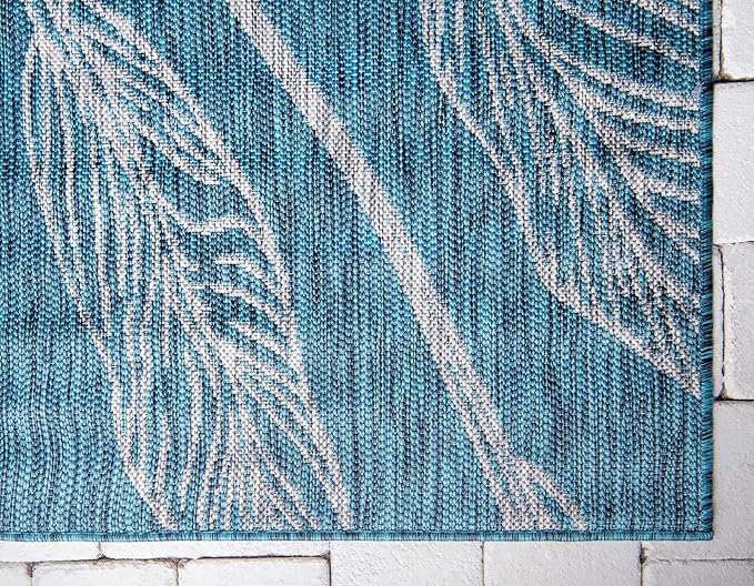 Unique Loom Outdoor Botanical Collection Area Rug - Leaf (5' 3" x 8' Rectangle, Teal/ Ivory)
