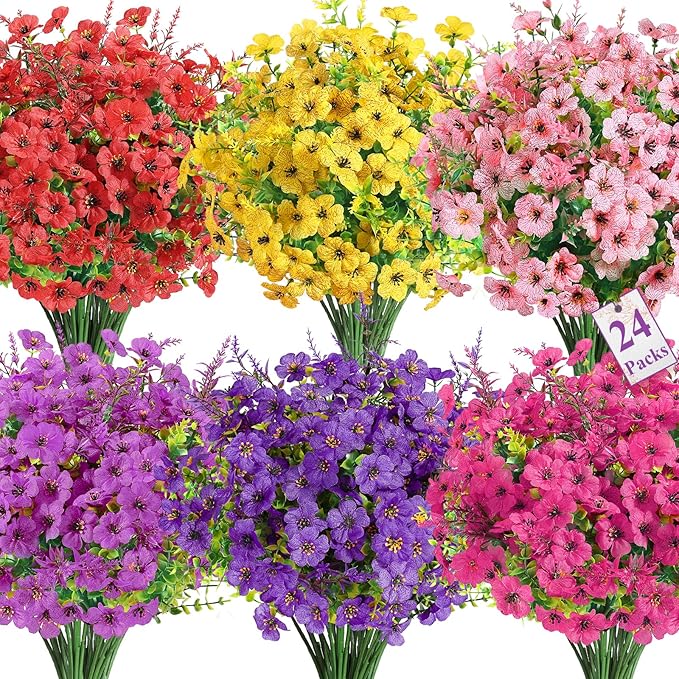 SHareconn 24 Bundles Artificial Flowers for Outdoors Decoration, Faux Plants Fake Silk Colorful Daisy Eucalyptus Lavender, UV Resistant for Outside Home Porch Indoor Spring Decor, 6 Colors incl. Red