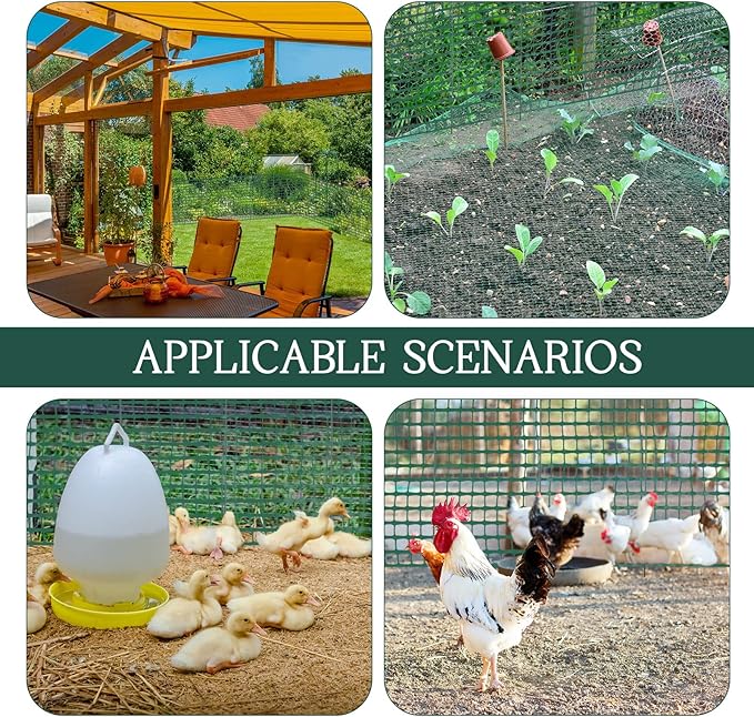 Plastic Garden Fencing Roll Safety Construction Barrier Outdoor Snow Mesh Fence Garden Netting, 1.2 Inch Mesh, Coated Iron Wire Support Stakes, Cable Ties for Garden (Green,2 x 100 Feet)