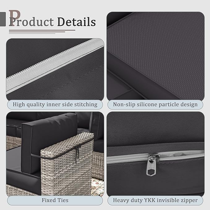Outdoor Cushions for Patio Furniture with 5 Pillows, Waterproof Patio Furniture Cushions Replacement, 4" Deep Seat Outdoor Sectional Cushions for 4-seat Patio Furniture Chair Sofa Couch,Grey