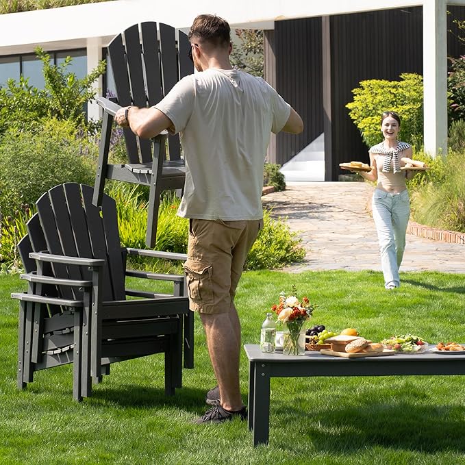 nevilywood Compact Stackable Adirondack Chairs Set of 2, 26.3" Wide HDPE Outdoor Patio Chairs - Durable, Space-Saving Design for Porch, Lawn or Garden, Grey