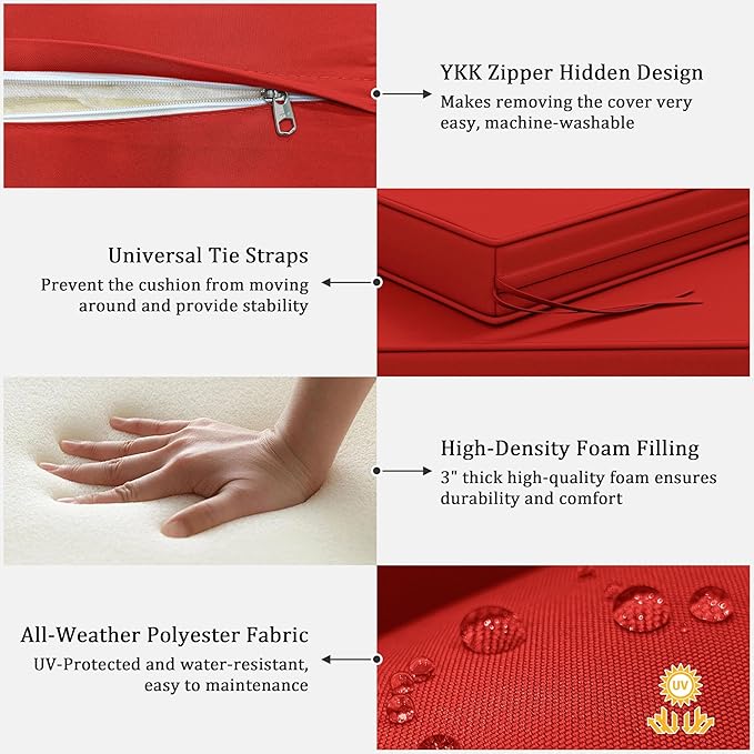 3 Pack Outdoor Replacement Cushions,36L x 18W x 3H,18L x 18W x 3H inch, High-Elastic Replacement Sponge for 4-Seater Water-Resistant Patio/Sofa with Removable Covers (Red)