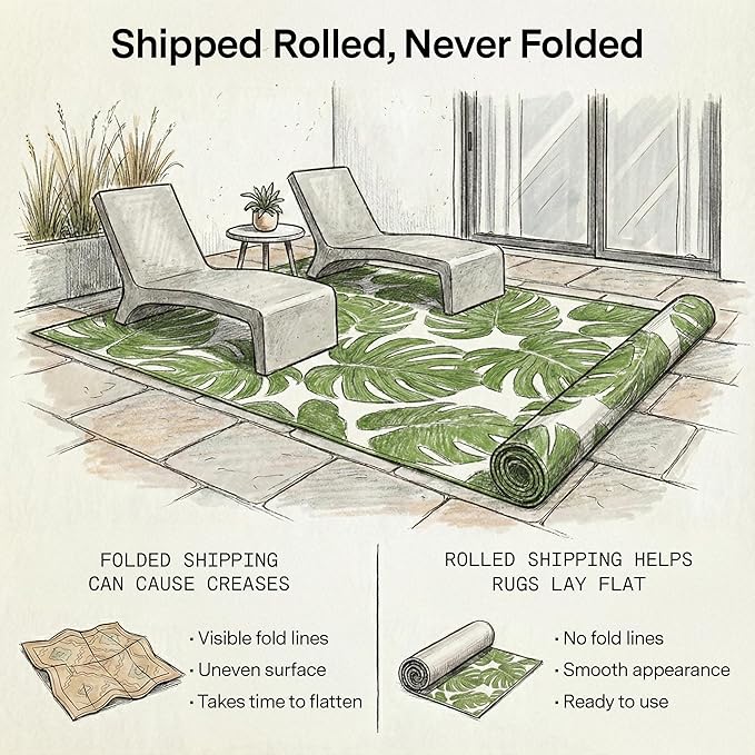 Fab Habitat Outdoor Rug - Waterproof, Fade Resistant, Crease-Free - Premium Recycled Plastic - Tropical Palm Leaf Botanical - Patio, Porch, Deck, Balcony - Panama - Green - 5 x 8 ft