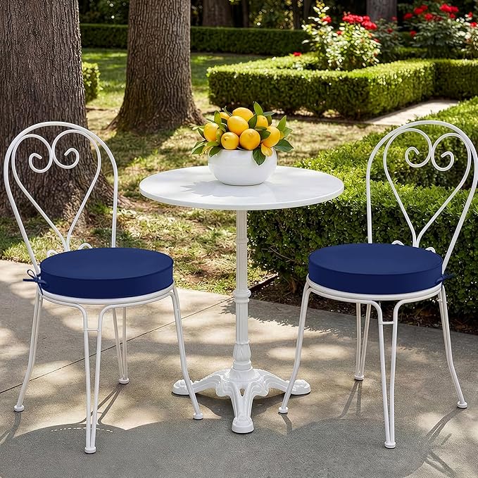 Outdoor Bistro Chair Cushions Set of 2, 15" D x 3" H Round Chair Cushions Waterproof and Fade Resistant Chair Cushion Pads with Non-Slip Ties and Removable Covers for Garden, Navy Blue