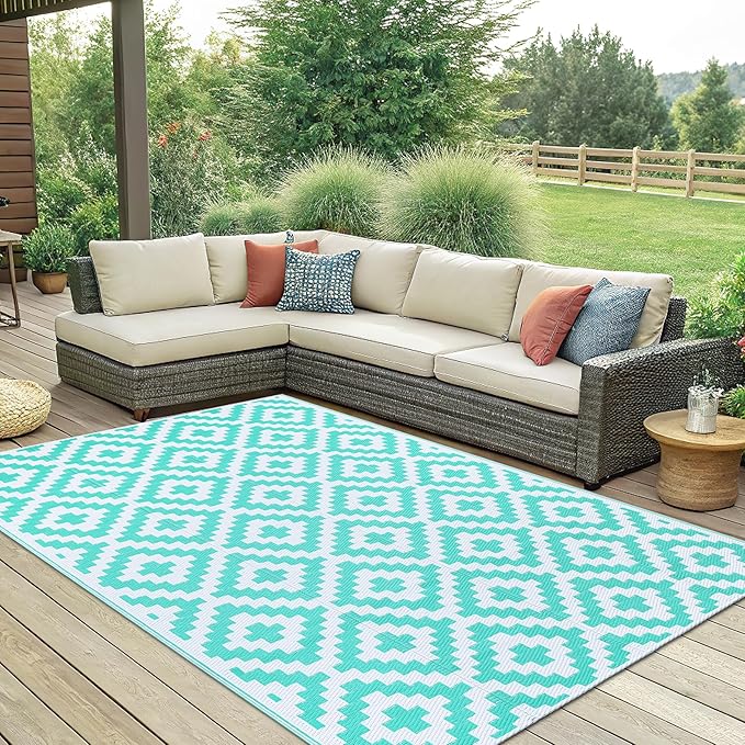 Smiry Waterproof Outdoor Rug 6x9 ft, Reversible Plastic Straw Patio Camping Rugs, Outdoor Indoor RV Mat Carpet for Patio, Outside Entry, Backyard, Deck, Bench, Picnic, Camper, White & Teal
