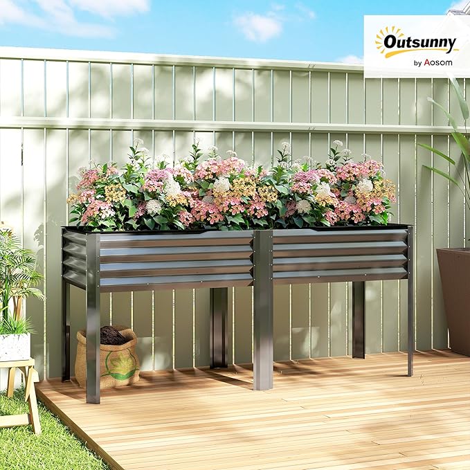 Outsunny Galvanized Raised Garden Bed with Legs, Extra Large Metal Raised Planter Box with Reinforced Bars and Non-Woven Fabric for Vegetables, Flowers, Herbs, 71" x 22" x 31.5", Dark Gray
