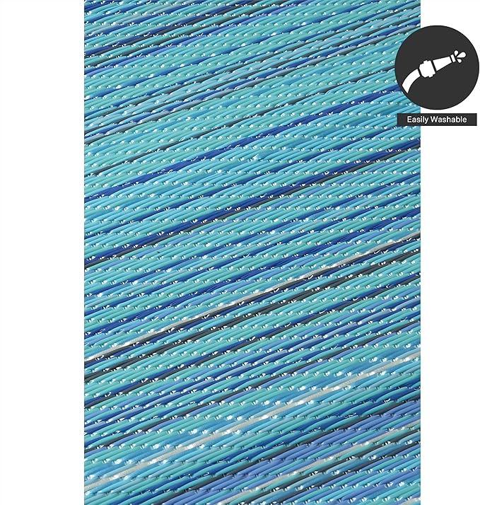 FH Home Outdoor Rug - Waterproof, Fade Resistant, Crease-Free - Premium Recycled Plastic - Striped - Patio, Deck, Porch, Balcony, Laundry Room - Havana - Turquoise Crease Free - 4 x 6 ft