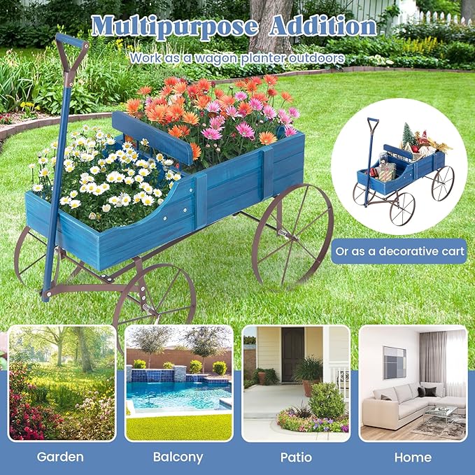 Wooden Wagon Planter with Wheels, Indoor/Outdoor Flower Cart w/Dual-Compartment & Adjustable Handle, Decorative Garden Planter for Home, Yard, Wedding (Blue)