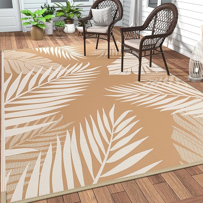GENIMO Outdoor Rug 8' x 10' Waterproof for Patios Clearance, Reversible Outdoor Plastic Straw Camping Rug Carpet, Large Area Rugs Mats for RV, Camper, Deck, Balcony, Porch, Beach, Picnic, Brown&Beige