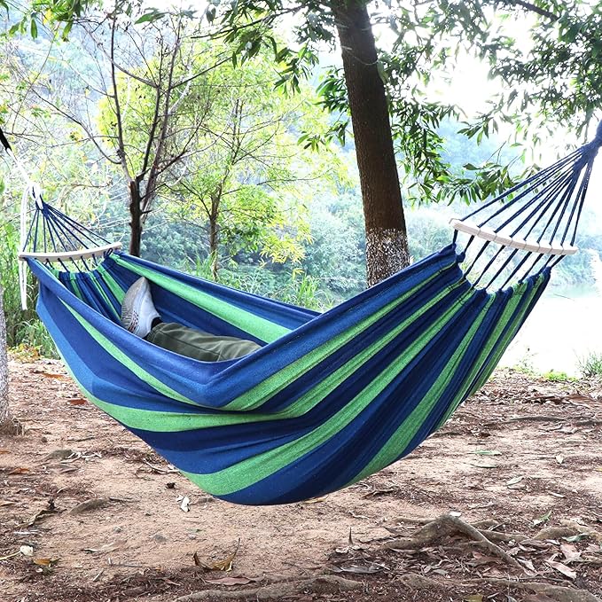 Anyoo Garden Cotton Hammock Comfortable Fabric Hammock with Spreader Bar Sturdy Hammocks Up to 450lbs Portable Lightweight Hammocks with Travel Bag for Camping Outdoor/Indoor Patio Backyard