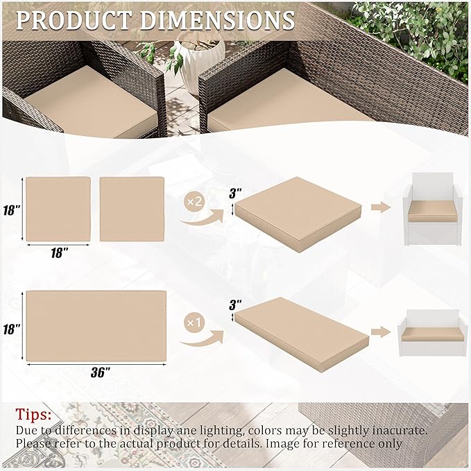 3 Pack Outdoor Replacement Cushions,36L x 18W x 3H,18L x 18W x 3H inch, High-Elastic Replacement Sponge for 4-Seater Water-Resistant Patio/Sofa with Removable Covers (Sand)