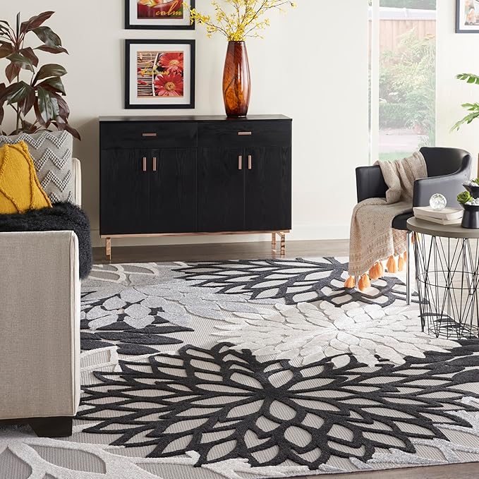 Nourison Home Aloha Indoor/Outdoor Black White 7' x 10' Area Rug, Tropical, Botanical, Easy Cleaning, Non Shedding, Bed Room, Living Room, Dining Room, Deck, Backyard, Patio (7x10)