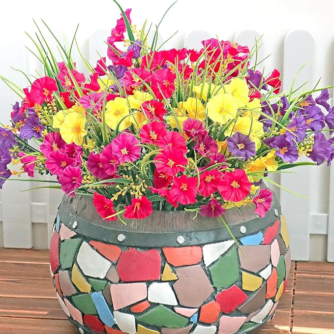 16PCS Artificial Fake Outdoor Flowers Plants, Faux Silk Realistic Morning Glory Floral Arrangement Planter UV Resistant for Porch Patio Window Box Balcony Garden Decor (Wheat Ears 4 Colors)